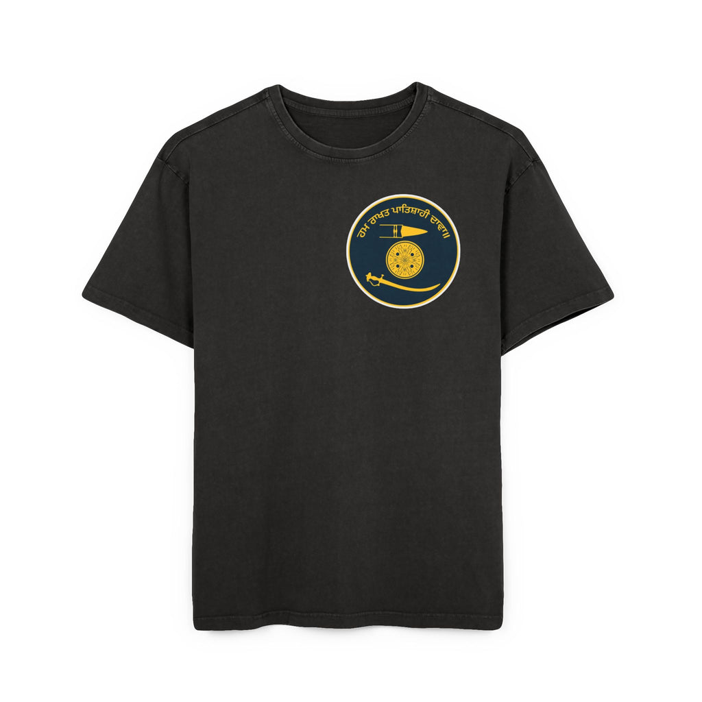 Vintage Acid-Wash Tee — Small Chest Emblem with Sanskrit Script