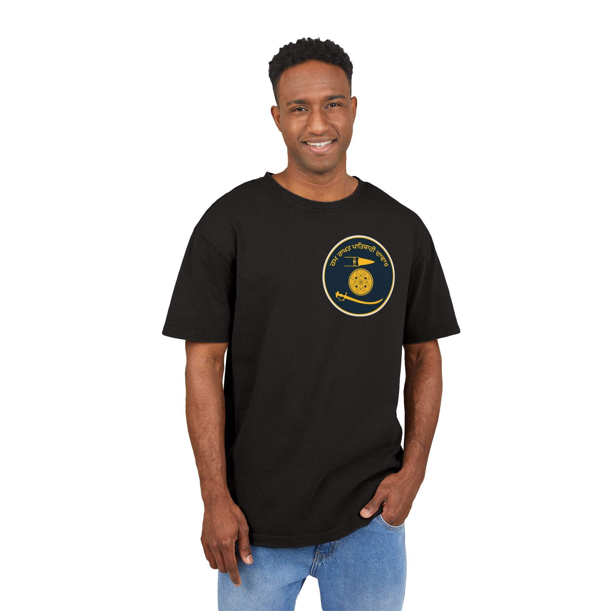 Vintage Acid-Wash Tee — Small Chest Emblem with Sanskrit Script